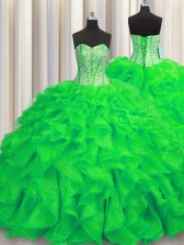 Dramatic Visible Boning Green Sweet 16 Dresses Organza Brush Train Sleeveless Beading and Ruffles