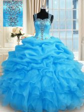  Straps Sleeveless Sweet 16 Dress Floor Length Beading Baby Blue Organza
