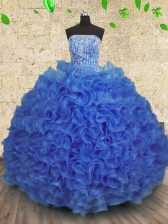 Custom Designed Strapless Sleeveless Sweet 16 Dress Floor Length Beading and Ruffles Royal Blue Organza