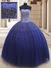 Stunning Royal Blue Tulle Lace Up Sweetheart Sleeveless Floor Length Sweet 16 Dress Beading