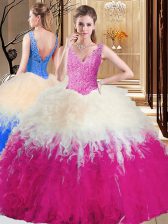 Nice Multi-color 15 Quinceanera Dress Military Ball and Sweet 16 and Quinceanera with Lace and Appliques and Ruffles V-neck Sleeveless Zipper