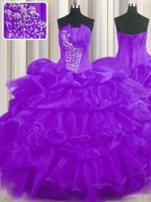  Purple Organza Lace Up Strapless Sleeveless Floor Length Quinceanera Dress Beading and Ruffled Layers and Pick Ups