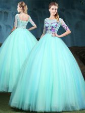  Scoop Half Sleeves Lace Up Ball Gown Prom Dress Apple Green Tulle