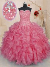 Most Popular Floor Length Lace Up 15th Birthday Dress Pink for Military Ball and Sweet 16 and Quinceanera with Beading and Ruffles