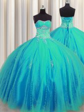 Sophisticated Big Puffy Sleeveless Floor Length Beading and Appliques Lace Up Quinceanera Gown with Aqua Blue