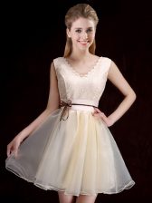 Glamorous Mini Length A-line Sleeveless Champagne Dama Dress for Quinceanera Lace Up