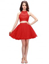  Coral Red A-line High-neck Sleeveless Organza Mini Length Zipper Beading Prom Dress