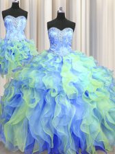  Three Piece Floor Length Lace Up Quinceanera Gowns Multi-color for Military Ball and Sweet 16 and Quinceanera with Beading and Appliques and Ruffles