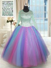  Scoop Long Sleeves Lace Up 15th Birthday Dress Multi-color Tulle