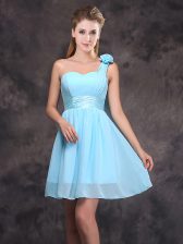 Comfortable One Shoulder Sleeveless Mini Length Ruching and Hand Made Flower Zipper Quinceanera Dama Dress with Baby Blue