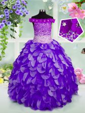  Off the Shoulder Sleeveless Beading and Hand Made Flower Lace Up Little Girls Pageant Gowns