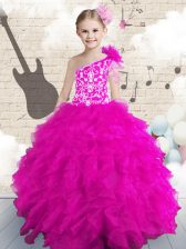 High Class Ball Gowns Kids Formal Wear Hot Pink One Shoulder Organza Sleeveless Floor Length Lace Up
