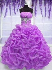 Spectacular Floor Length Lace Up Ball Gown Prom Dress Lilac for Military Ball and Sweet 16 and Quinceanera with Beading