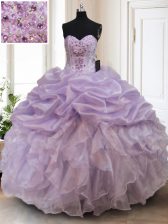 Edgy Lavender Organza Lace Up Sweetheart Sleeveless Floor Length Sweet 16 Dress Beading and Ruffles