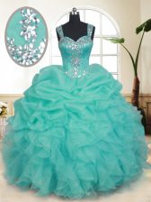 Straps Turquoise Zipper Quinceanera Gowns Beading and Ruffles and Pick Ups Sleeveless Floor Length