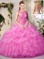  Pick Ups Scoop Sleeveless Lace Up Ball Gown Prom Dress Rose Pink Organza