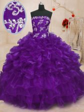  Purple Sleeveless Floor Length Beading and Appliques and Ruffles Lace Up Quinceanera Gown