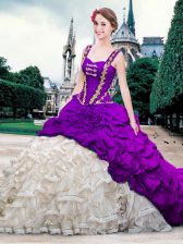 Glittering Pick Ups With Train White And Purple Quinceanera Dresses Straps Sleeveless Brush Train Lace Up