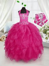  Halter Top Floor Length Lace Up Little Girl Pageant Gowns Fuchsia for Party and Wedding Party with Appliques and Ruffles