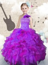  Organza One Shoulder Sleeveless Lace Up Beading and Ruffles Kids Formal Wear in Purple