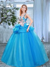 Fantastic Scoop Floor Length A-line Sleeveless Blue Quinceanera Gowns Lace Up