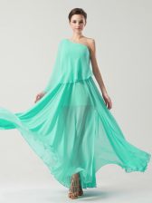 New Arrival One Shoulder Sleeveless Ankle Length Ruching Side Zipper Prom Dresses with Turquoise