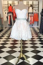  White Sleeveless Lace Knee Length Prom Gown