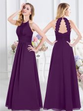  Halter Top Sleeveless Chiffon Floor Length Zipper Damas Dress in Purple with Ruching