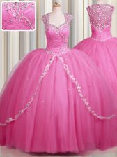Best Zipper Up Sweetheart Cap Sleeves Quinceanera Dresses With Brush Train Beading and Appliques Rose Pink Tulle