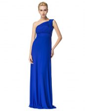 Custom Fit One Shoulder Royal Blue Sleeveless Floor Length Ruching Side Zipper Dress for Prom