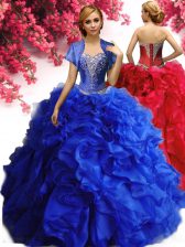 Inexpensive Sweetheart Sleeveless Vestidos de Quinceanera Floor Length Beading and Ruffles Royal Blue Organza
