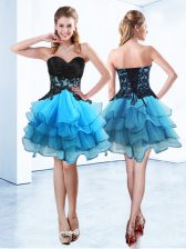 Dazzling Ruffled Ball Gowns Evening Dress Blue And Black Sweetheart Organza Sleeveless Mini Length Lace Up