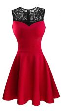Best Scoop Sleeveless Prom Party Dress Tea Length Lace Red Satin