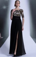Noble Scoop Black Column/Sheath Beading and Appliques Prom Evening Gown Zipper Chiffon Half Sleeves Floor Length