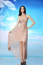  Peach High-neck Side Zipper Ruching Prom Dresses Sleeveless