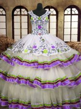Excellent Sleeveless Floor Length Embroidery and Ruffled Layers Lace Up Sweet 16 Dresses with Multi-color