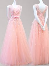 Sexy Baby Pink Prom Evening Gown Prom with Appliques and Bowknot Bateau Sleeveless Lace Up