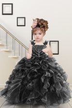 Most Popular Beading and Ruffles Party Dress for Girls Black Lace Up Sleeveless Floor Length