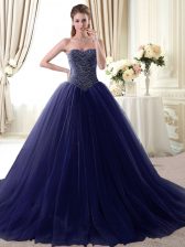  Floor Length Navy Blue Quince Ball Gowns Tulle Sleeveless Beading
