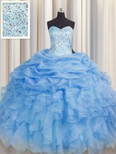 Fashion Baby Blue Ball Gowns Sweetheart Sleeveless Organza Floor Length Lace Up Beading and Ruffles Sweet 16 Dresses