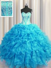  Visible Boning Bling-bling Beading and Ruffles Quinceanera Dress Baby Blue Lace Up Sleeveless Floor Length