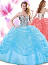 Dynamic Baby Blue Ball Gowns Sweetheart Sleeveless Organza Floor Length Lace Up Beading and Pick Ups Quinceanera Gowns