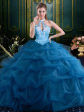 Fabulous Halter Top Sleeveless Tulle Floor Length Lace Up Quinceanera Gown in Teal with Beading and Pick Ups