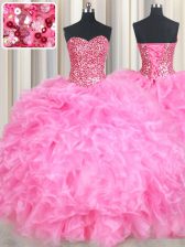 Decent Rose Pink Lace Up Sweet 16 Dresses Beading and Ruffles and Sequins Sleeveless Floor Length