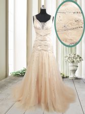 Fancy Mermaid Straps Sleeveless Sweep Train Ruching Lace Up Prom Gown