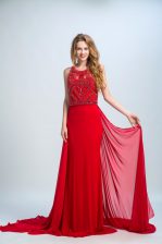 Popular Scoop Red Sleeveless With Train Beading Side Zipper Prom Dress