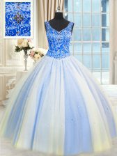  Floor Length Blue And White Quince Ball Gowns Tulle Sleeveless Beading and Sequins