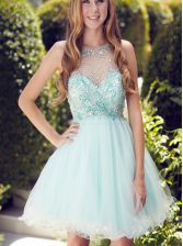 Wonderful Scoop Light Blue Sleeveless Mini Length Beading and Ruching Zipper Dress for Prom