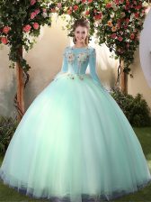  Scoop Apple Green Ball Gowns Appliques 15th Birthday Dress Lace Up Tulle Long Sleeves Floor Length
