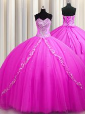  Sweep Train Rose Pink Lace Up Ball Gown Prom Dress Beading Sleeveless Floor Length